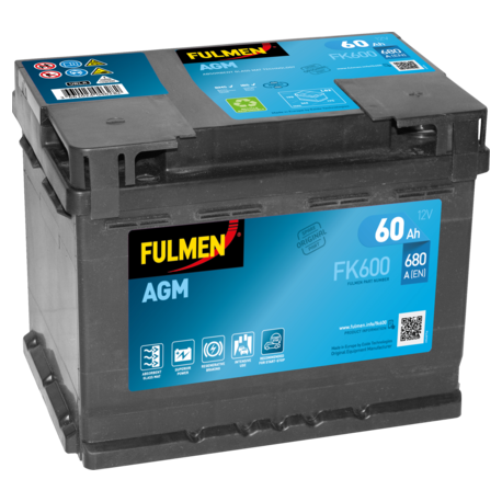BATTERIE DEMARRAGE MICRO HYBRIDE AGM STOP AND START  12V 60Ah-680A FULMEN / EXIDE